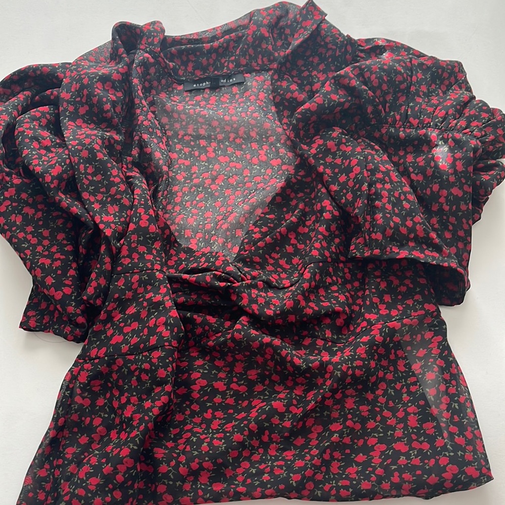 Black top with red roses fitted waist low neck and puff